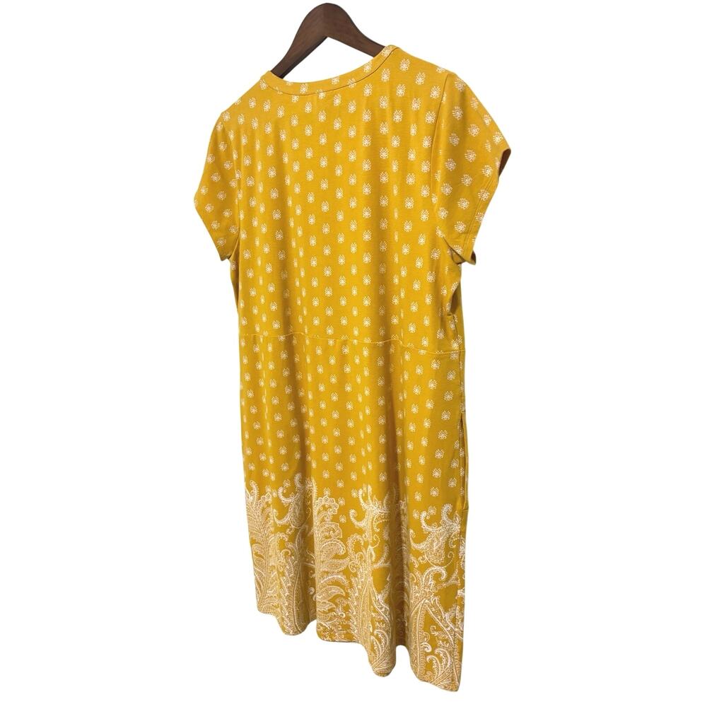 J.Jill Women’s Mustard Yellow Paisley Border Print Knit Dress L Pockets Stretch - Picture 4 of 11